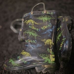 Western Chief Kids Black Rain Boots with Green, Blue & Yellow Dinosaur Print